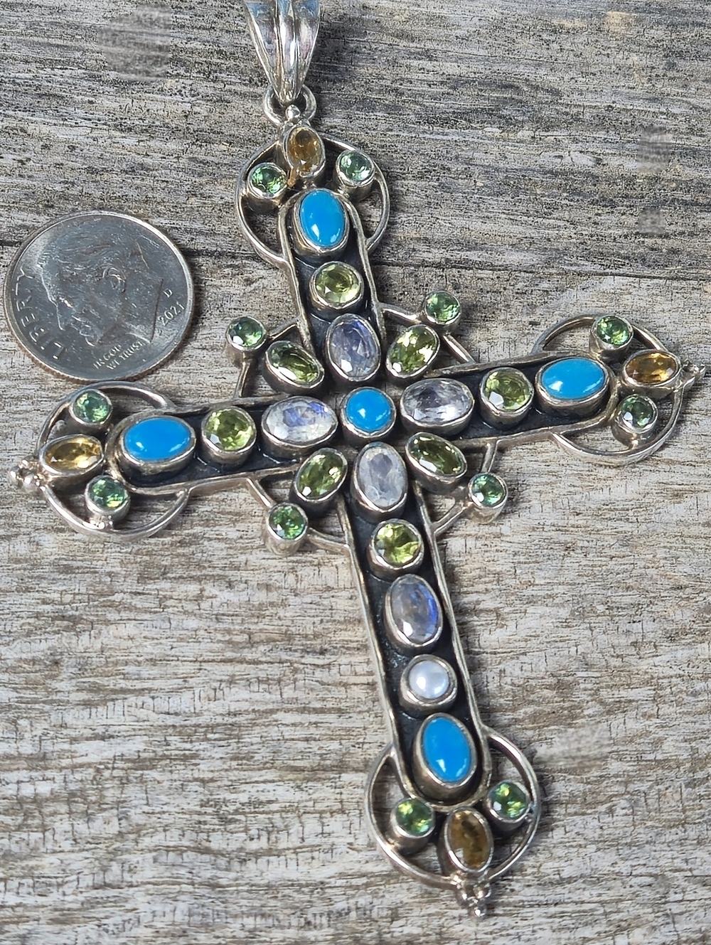 Nicky Butler 925 Sterling Silver Cross Pendant Turquoise Moonstone Peridot NB